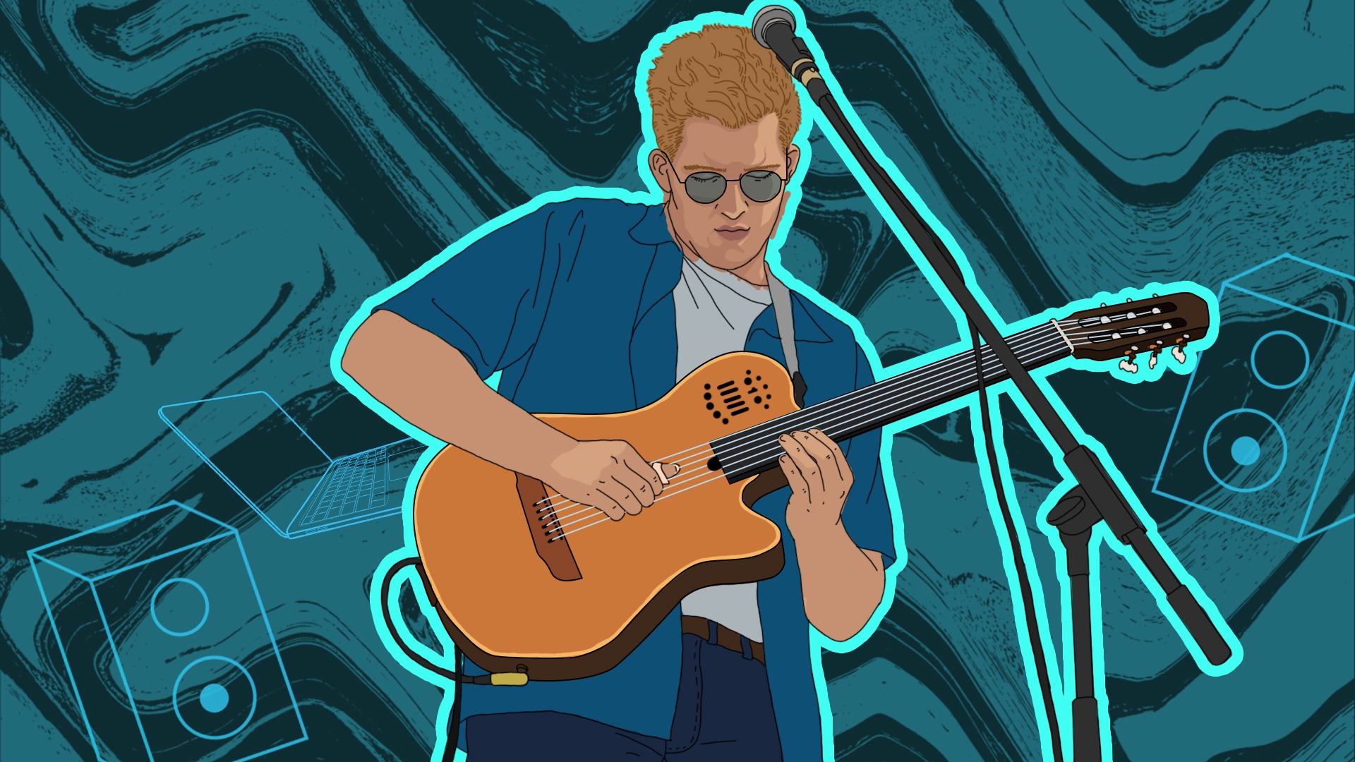 Illustration of Yazid playing the guitar