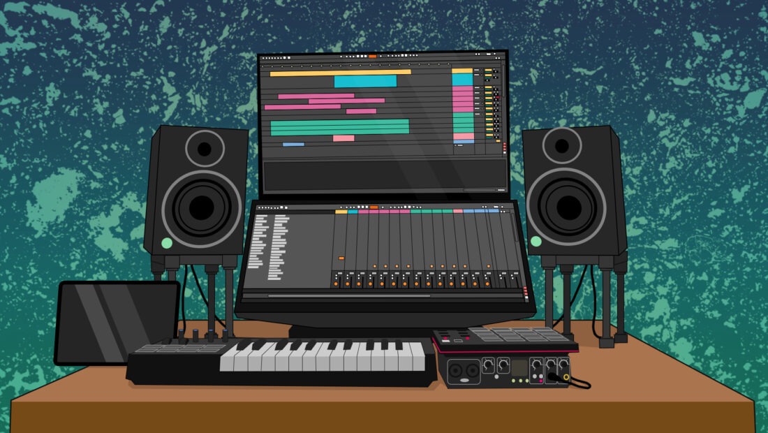An illustration of an audio setup for a home studio