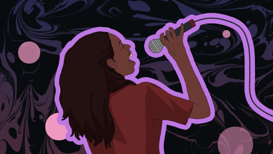A woman is illustrated singing