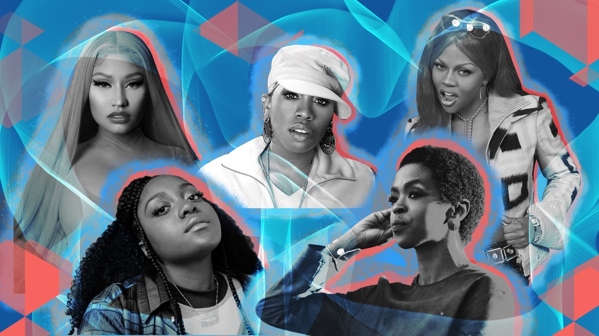 Illustration of Missy Elliott, Lil' Kim, Noname, and Lauryn Hill