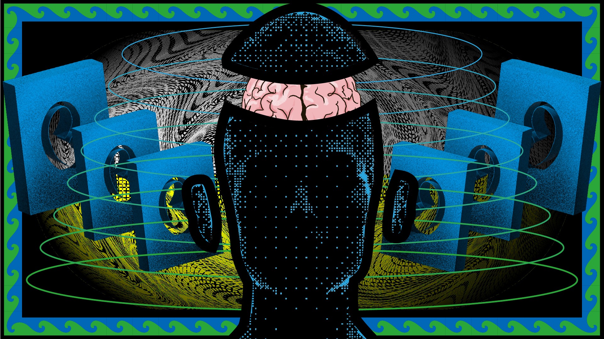Illustration of the relationship between music and the brain for a series on auditory illusions.