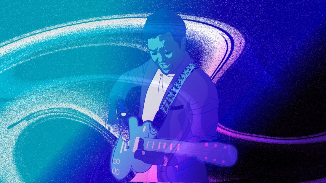 Illustration of former RAC student, Toronto audio engineer and lead guitarist Patrick Vilbar, from RAC graduate to fronting The Last Armada band.